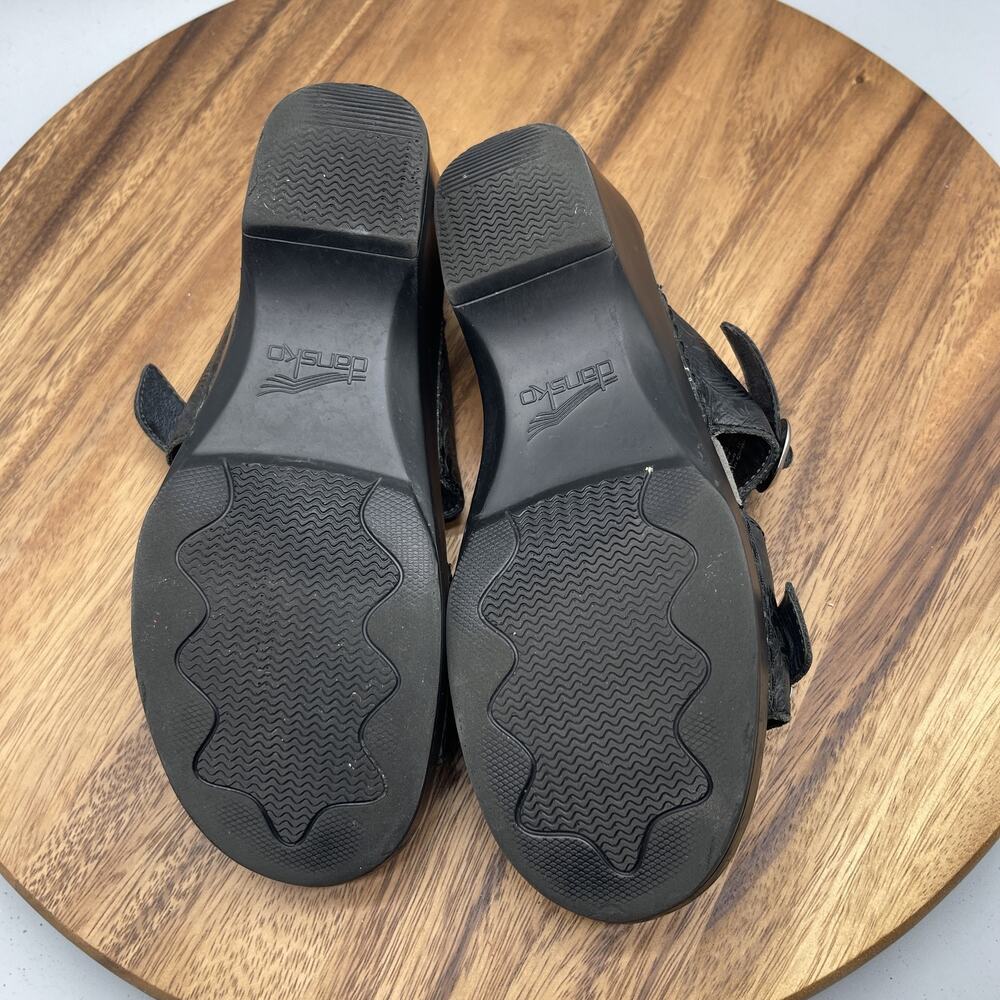 Dansko Shoes Womens 8.5 / 39 Black Embossed Wedge Sandals Comfort Slip On Buckle - Picture 7 of 8